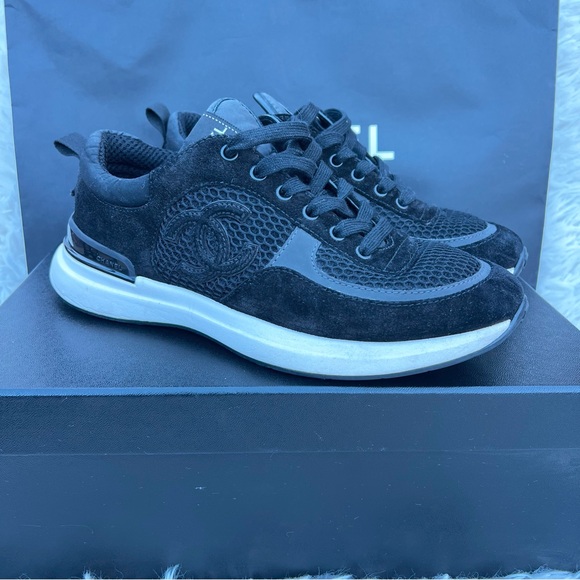 CHANEL Black & White Mesh Suede Calfskin Low-Cut Athletic Sneakers Shoes 38 - Picture 3 of 16